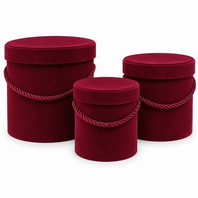 Set mit 3 zylindrischen, mit Samt und Kordel überzogenen Schachteln, Farbe Bordeaux E14