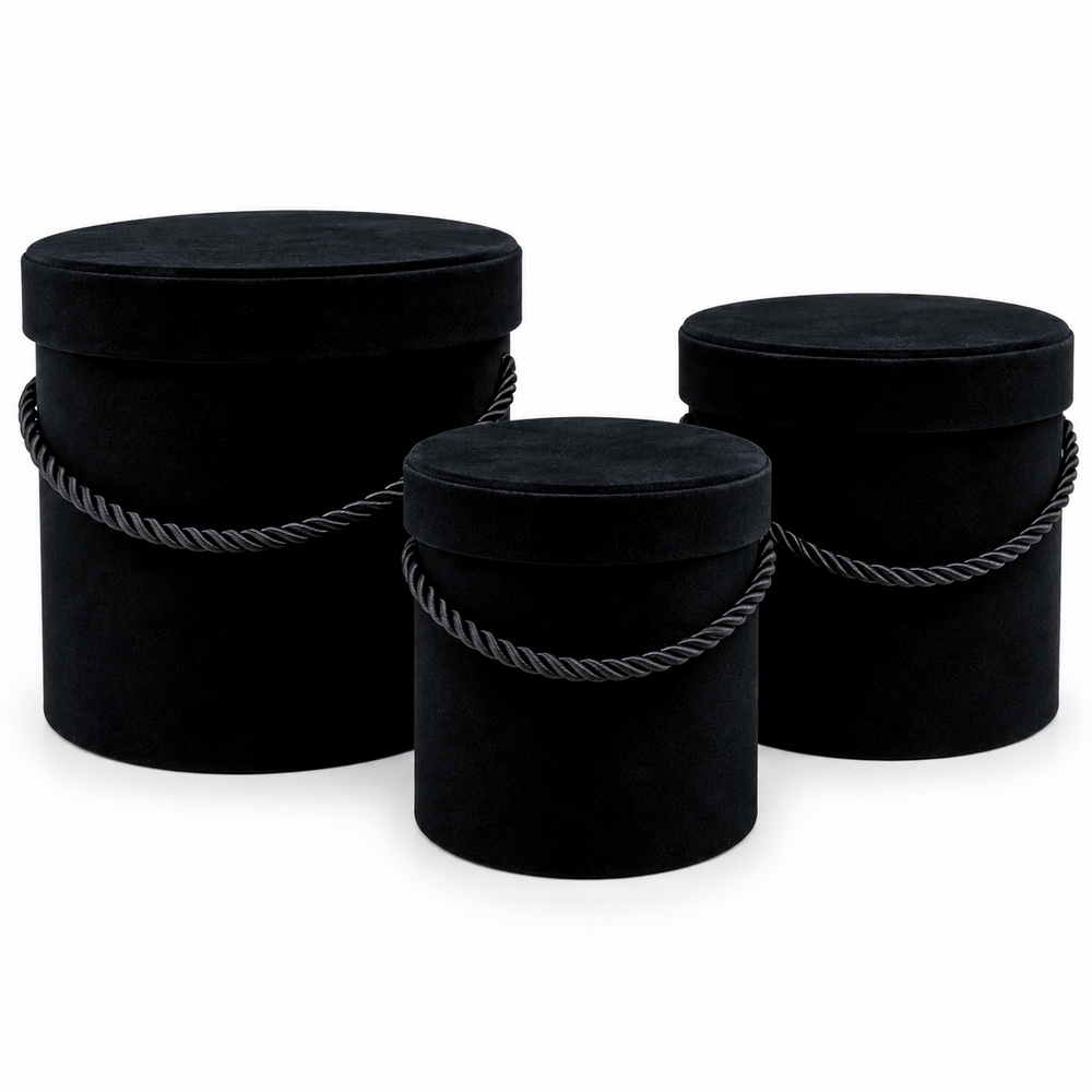 Set aus 3 zylinderförmigen Boxen mit Samtüberzug und Kordel, Farbe Schwarz A23