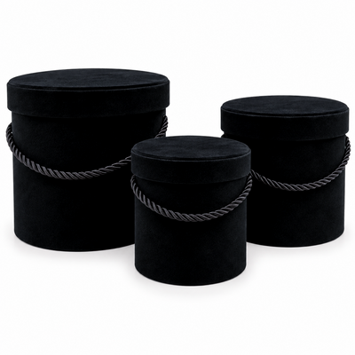 Set aus 3 zylinderförmigen Boxen mit Samtüberzug und Kordel, Farbe Schwarz A23
