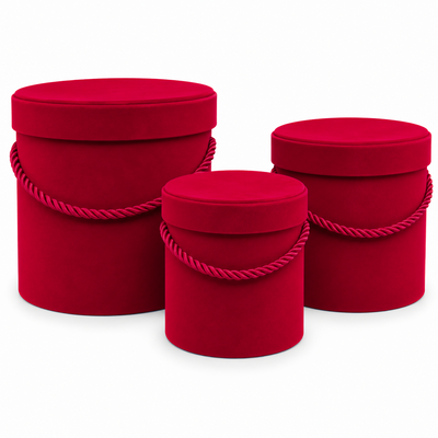 Set aus 3 zylindrischen Schachteln, mit Samt und Kordel bezogen, Farbe Rot E13