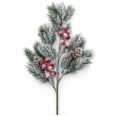 Künstlicher Tannenzweig mit Schnee und Preiselbeeren