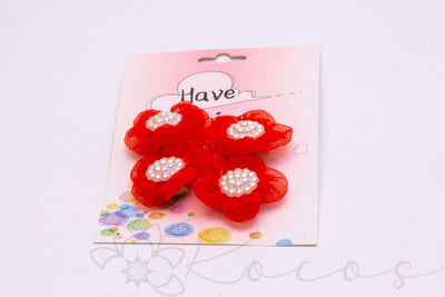 Set 4 accesorii decorative floricele rosii cu mijloc din perle