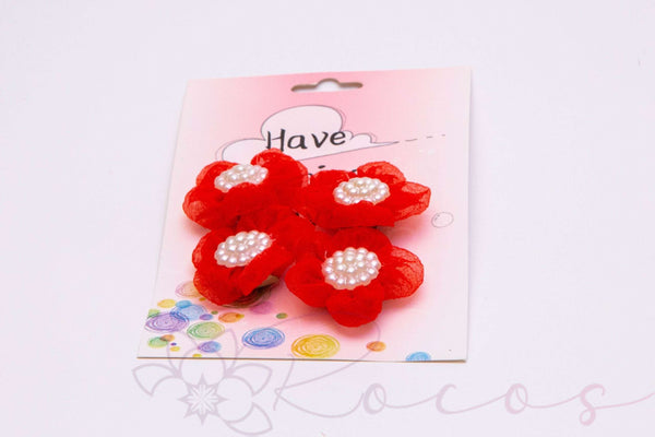 Set 4 accesorii decorative floricele rosii cu mijloc din perle