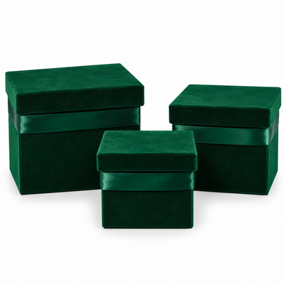 Set di 3 scatole quadrate rivestite di velluto, colore verde A14
