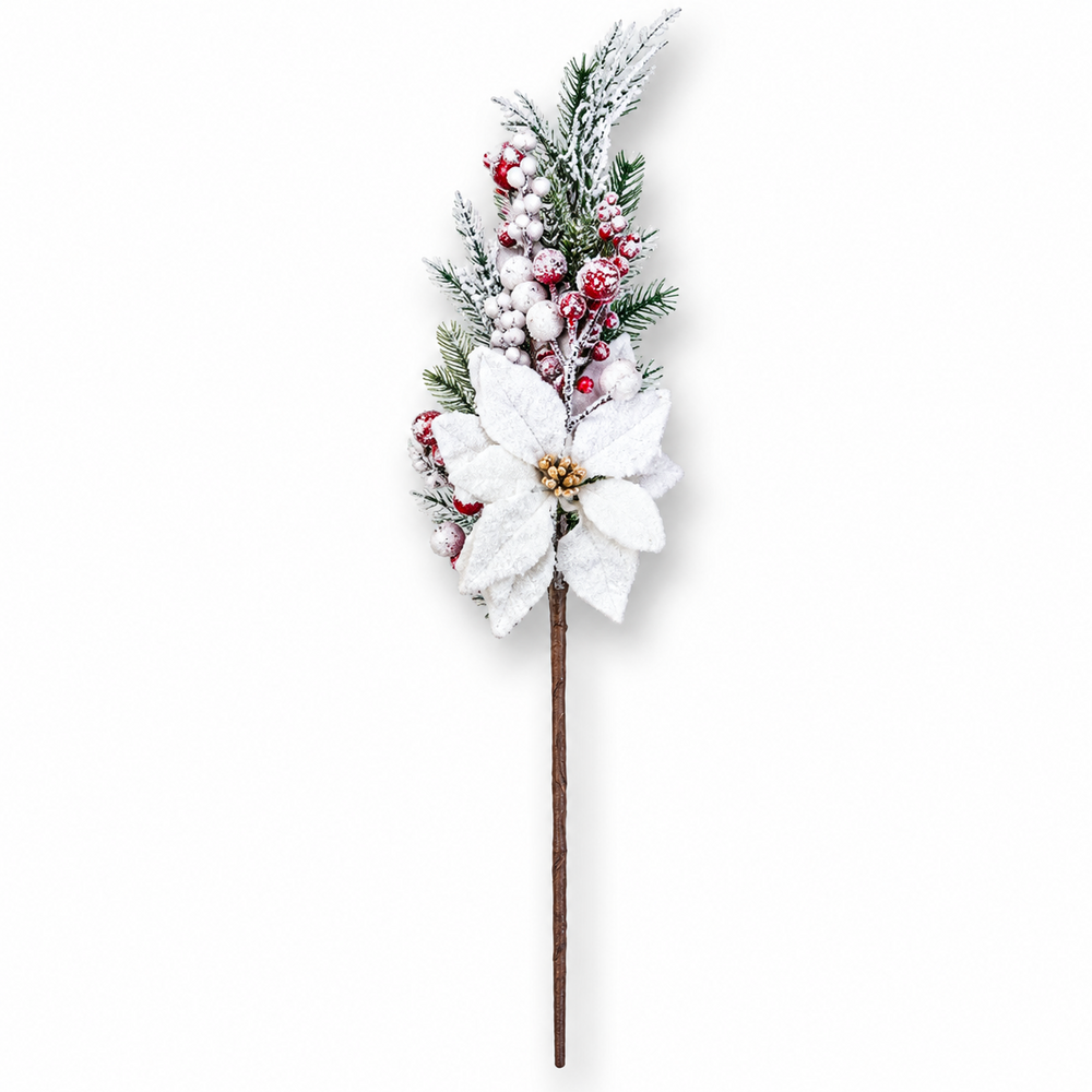 Crenguță decorativă de Crăciun cu merișoare roșii și crăciuniță albă, 70 cm, NR. 2