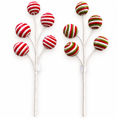Set 12 crenguțe decorative de Crăciun cu globuri spiralate, 47 cm