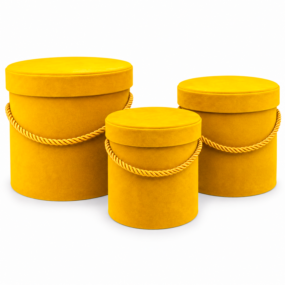 Set 3 cutii cilindru invelite cu catifea si snur, culoare galben B15