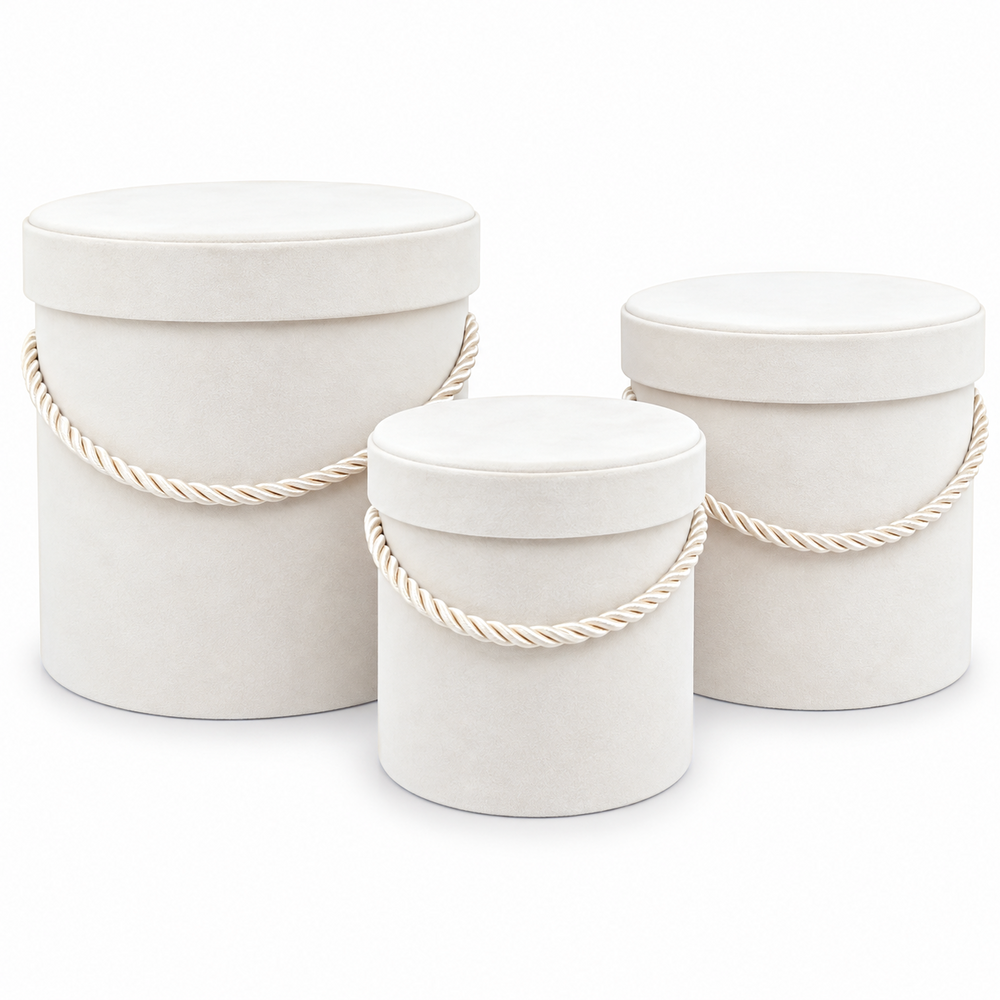 Set aus 3 zylinderförmigen Boxen, mit Samt und Kordel überzogen, Farbe Creme B9