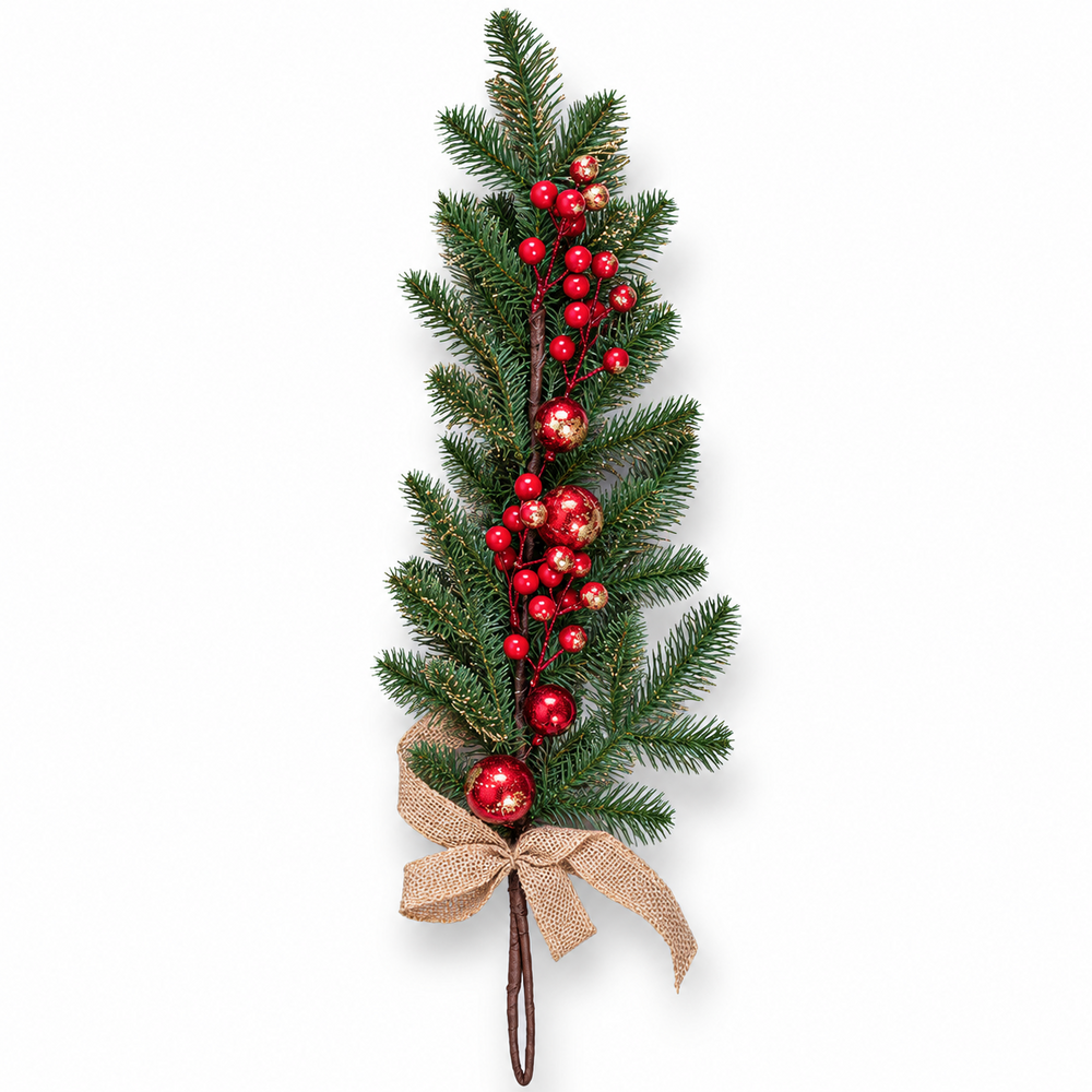 Dekorative Weihnachtsgirlande mit Tannenzweigen, Kugeln und roten Beeren, 59 cm