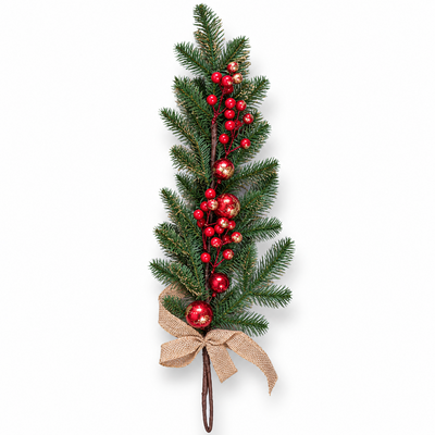 Ghirlandă decorativă de Crăciun cu ramuri de brad, globuri și bobițe roșii, 59 cm