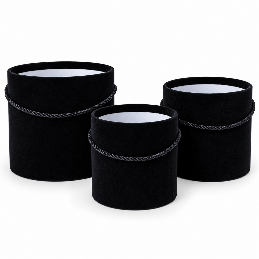 Set di 3 scatole senza coperchio rivestite in velluto, colore nero A23