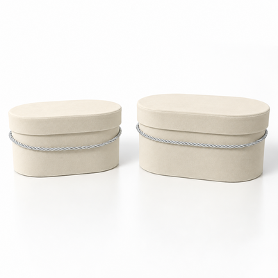 Set aus 2 ovalen, mit Samt und Kordel ummantelten Schachteln, Farbe Creme B11