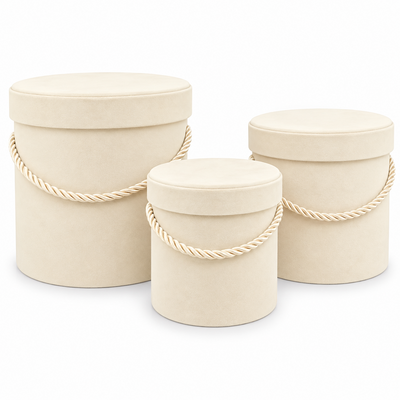 Set mit 3 zylindrischen Schachteln, mit Samt und Kordel umhüllt, cremefarben B11