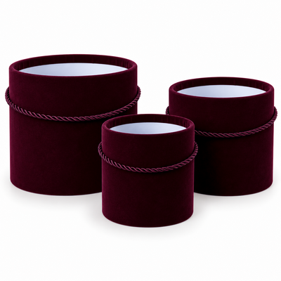 Set aus 3 Zylinderboxen ohne Deckel, mit Samtbezug, Farbe Bordeaux E16