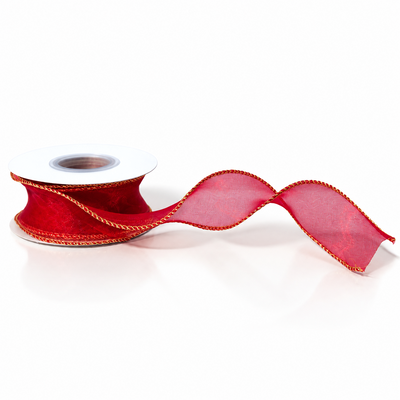 Rotolo di nastro in organza con bordo dorato, 4 cm, colore rosso n. 2